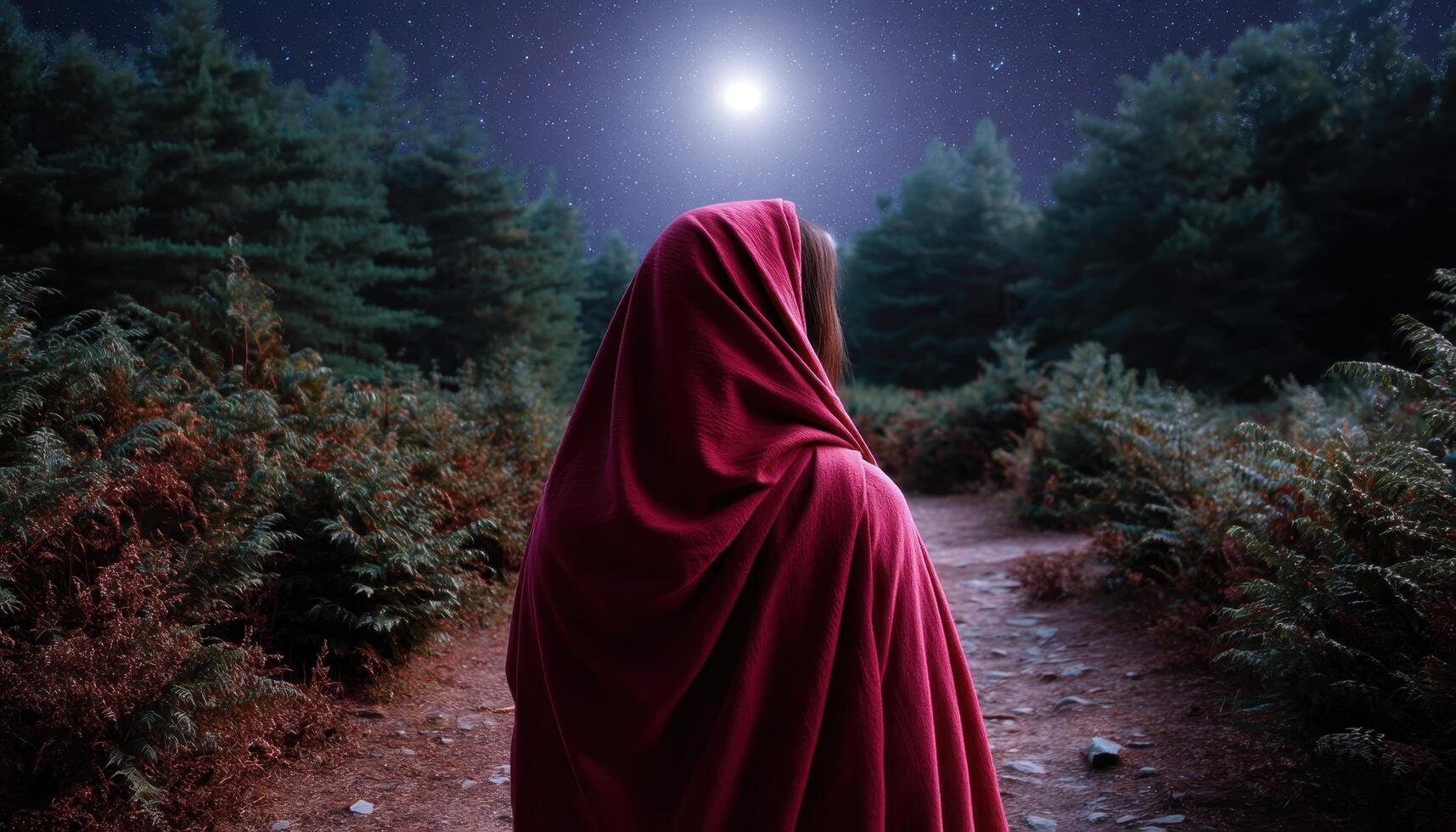 Moonlit Walk of a Woman in Shawl Through Enchanted Forest with Background Copyspace photo