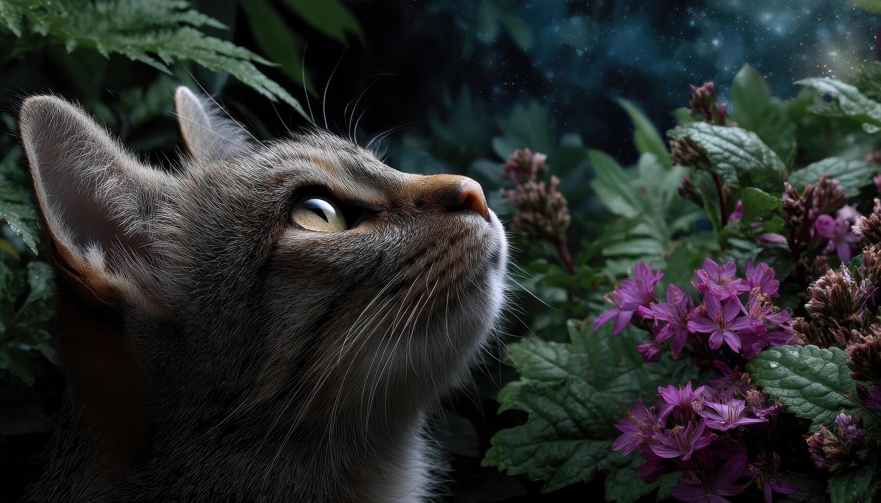 Inquisitive Cat Exploring a Garden at Night Nature Scene Copyspace Background photo