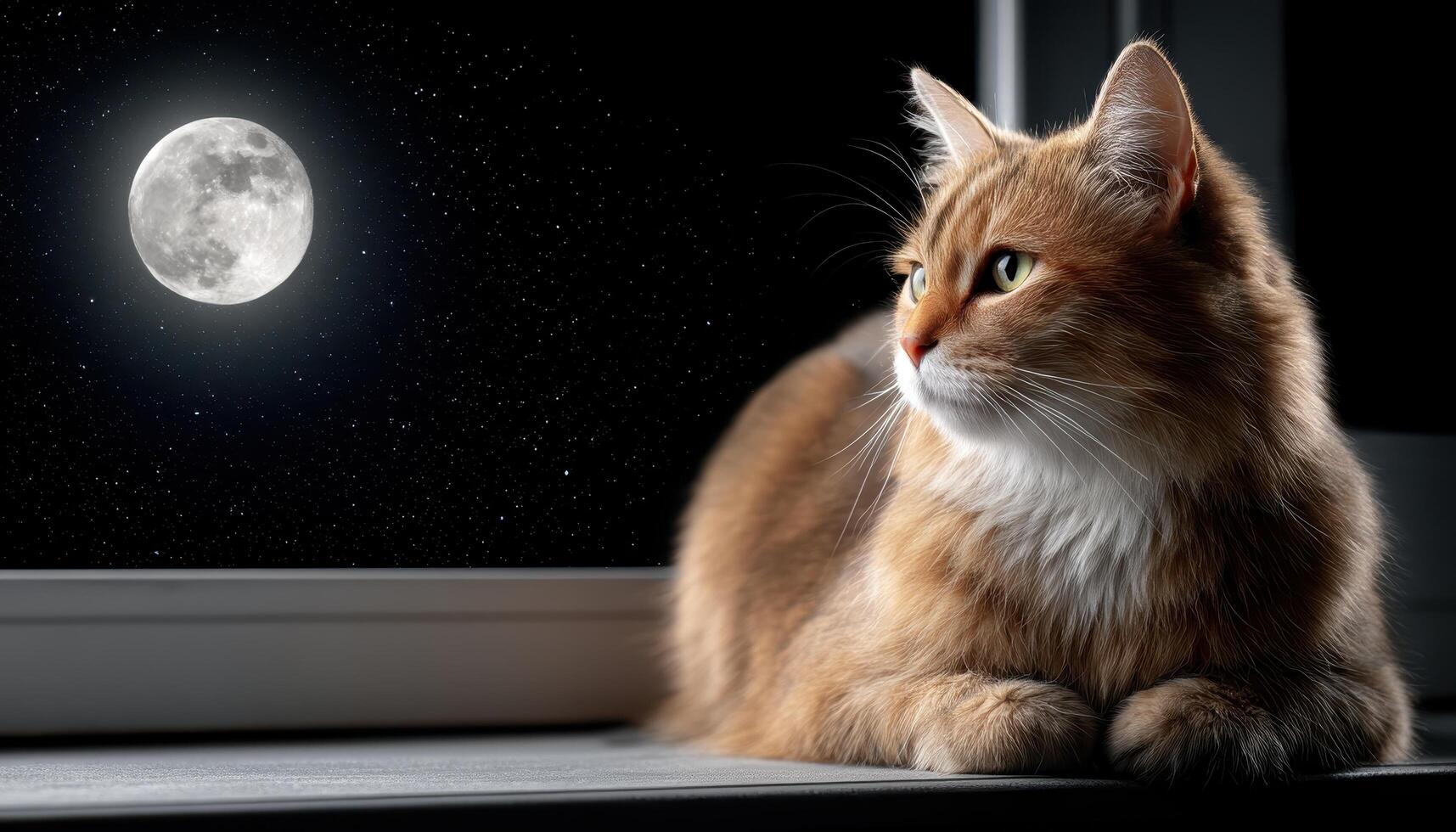 Fluffy Cat Gazing at Full Moon Cozy Windowsill Scene Nighttime Background Copyspace photo