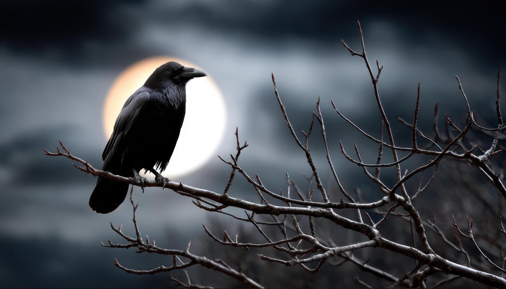 Crow Silhouette Against the Moon Nature Scene Nighttime Background with Copyspace photo