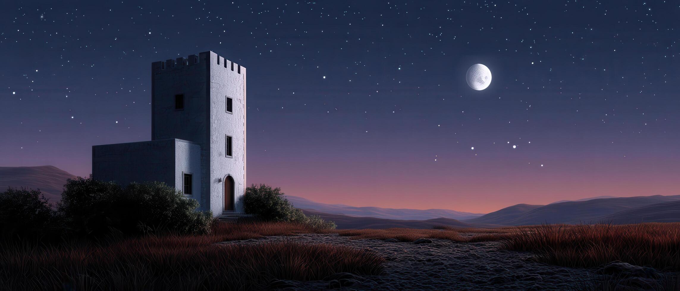 Mysterious Tower House Against a Starry Background Low Resolution Scenic View Copyspace photo