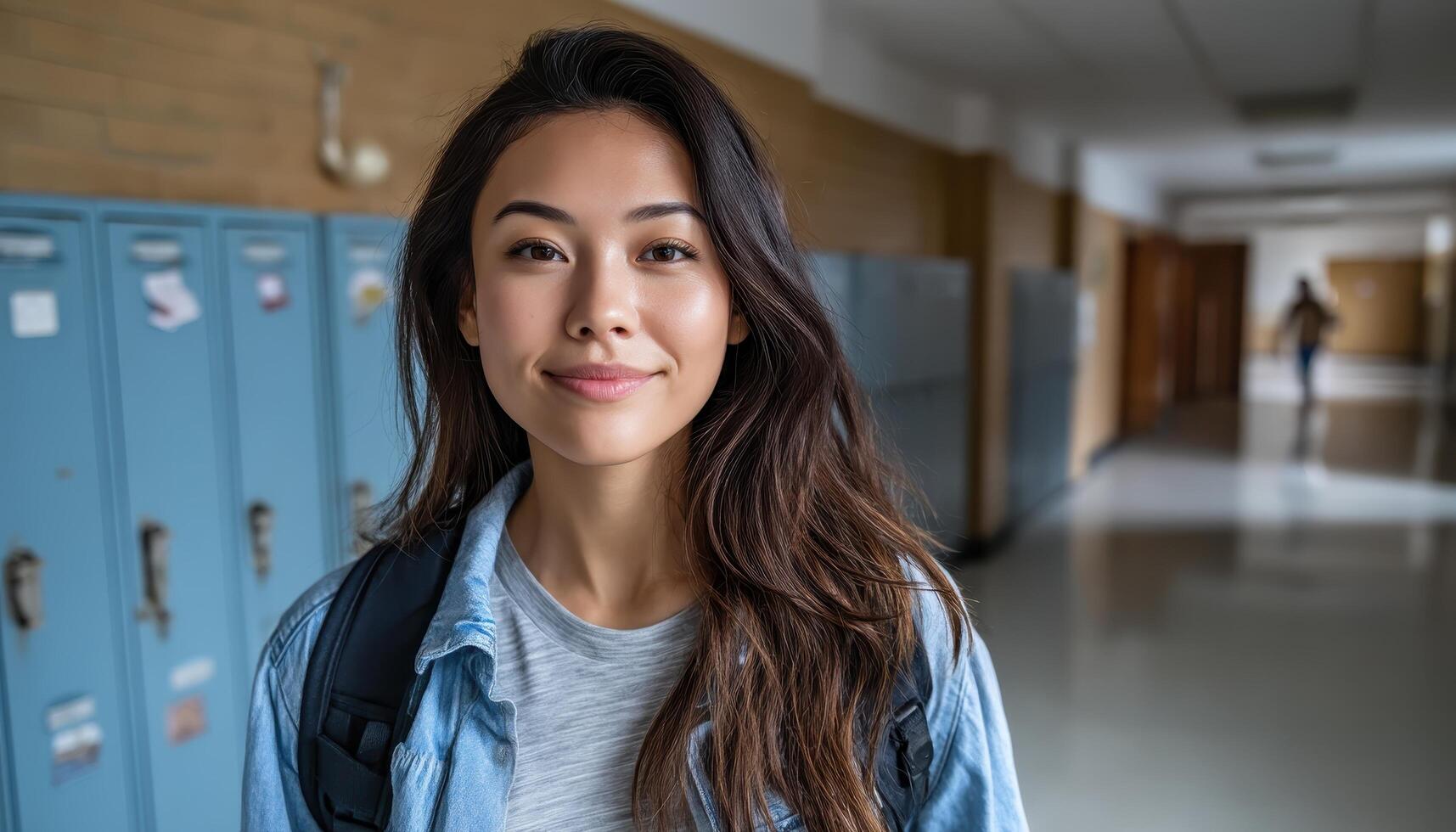 Young Asian Woman with Backpack Walking in School Hallway Background with Copyspace photo