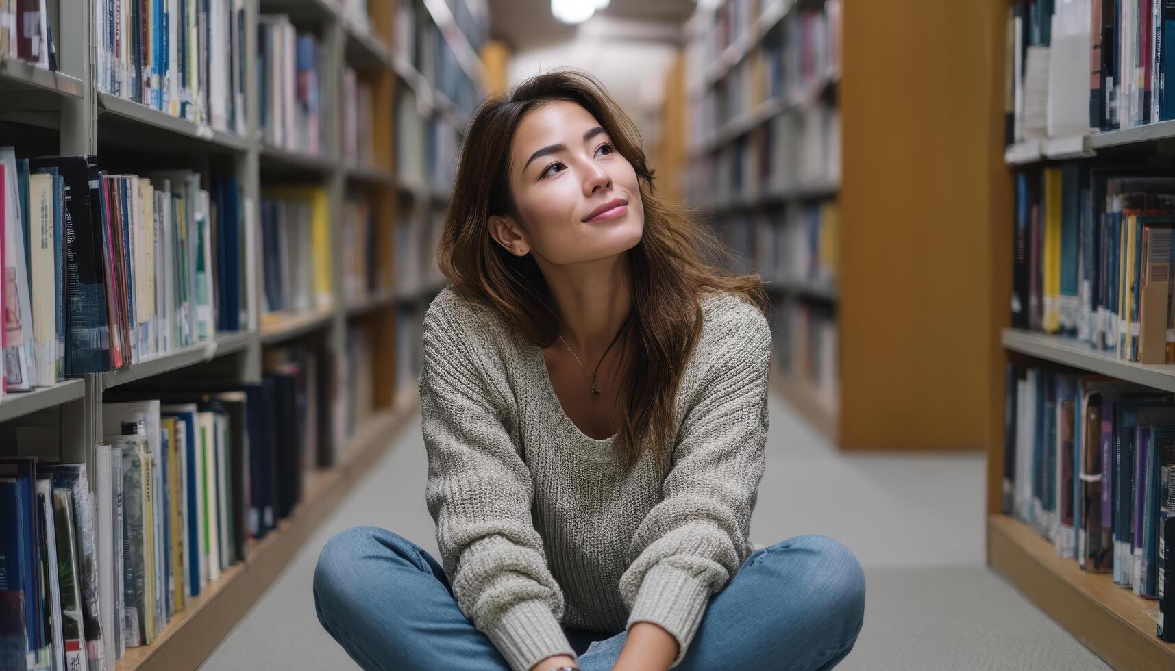 Studious Asian Woman Reading in Cozy School Corner Background with Bookshelves Copyspace for Quotes photo