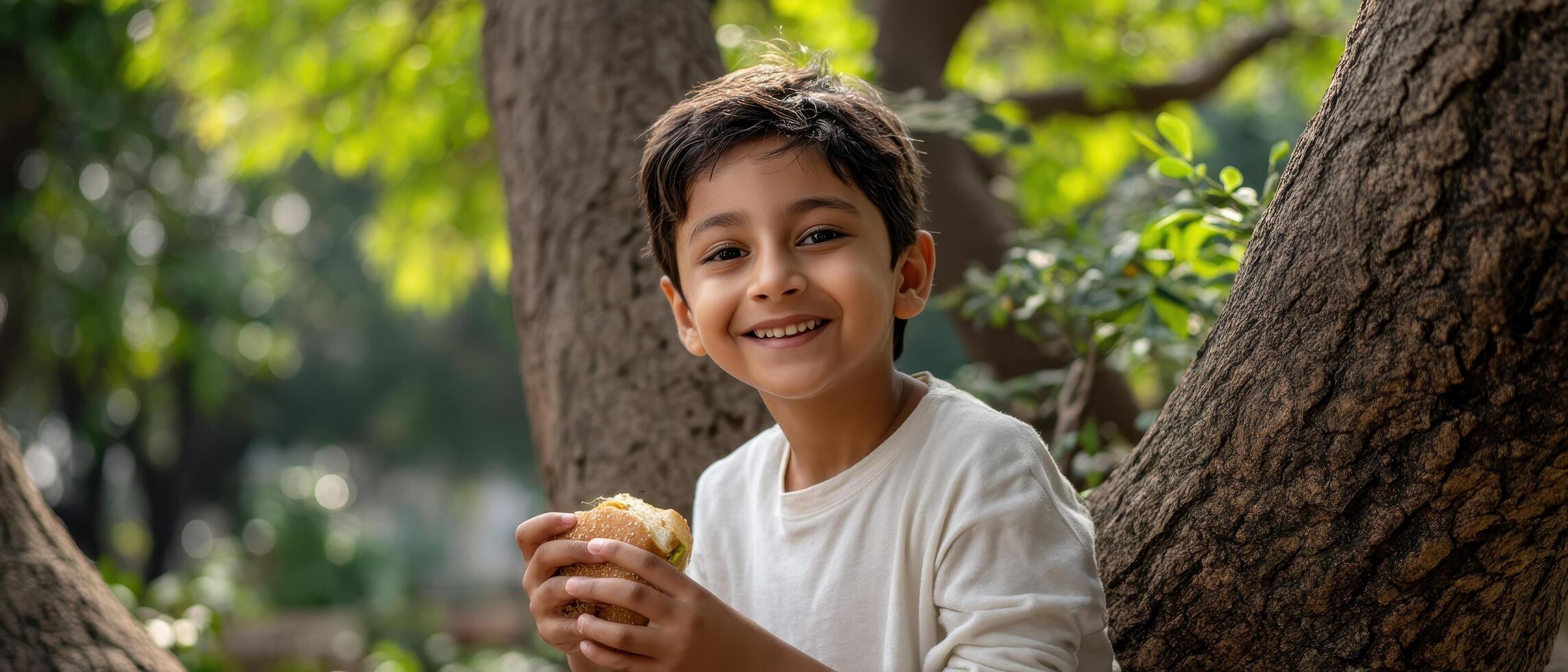 Indian Boy Enjoying a Picnic Under a Large Tree with Background Copyspace photo