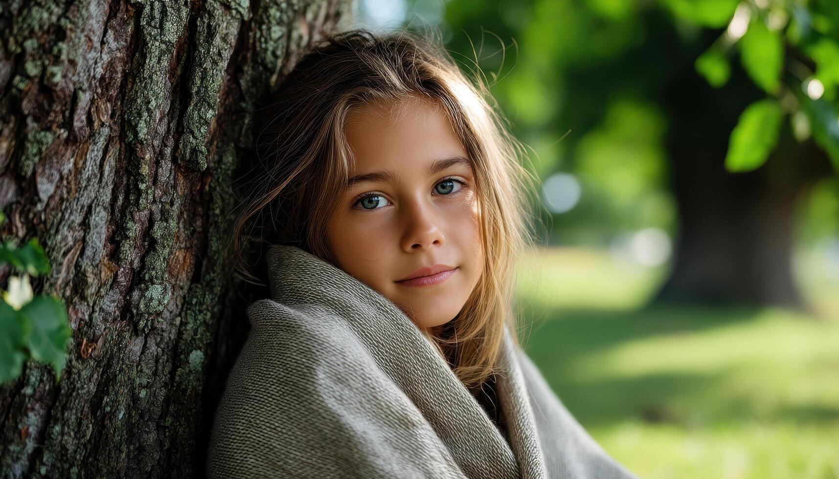 Young Girl in Cozy Blanket Outdoor Nature Background Portrait with Copyspace photo