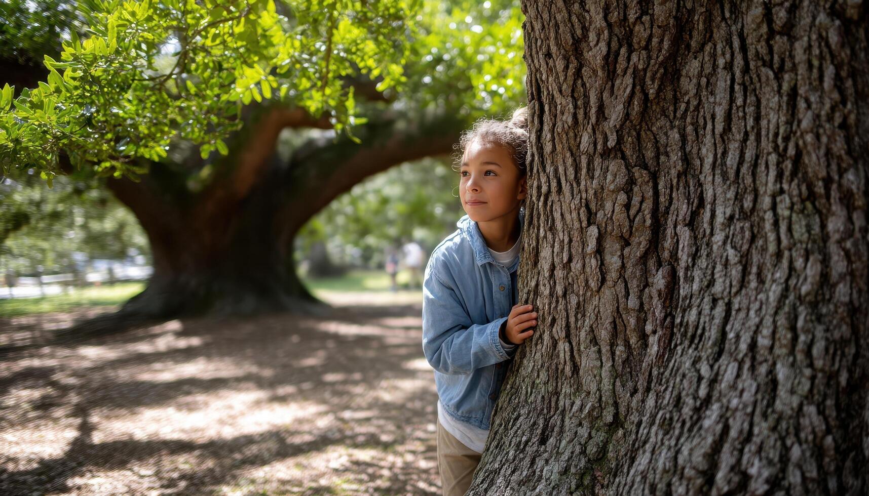 Child Peeking Around Massive Oak Tree in Nature Background Copyspace for Imagination photo