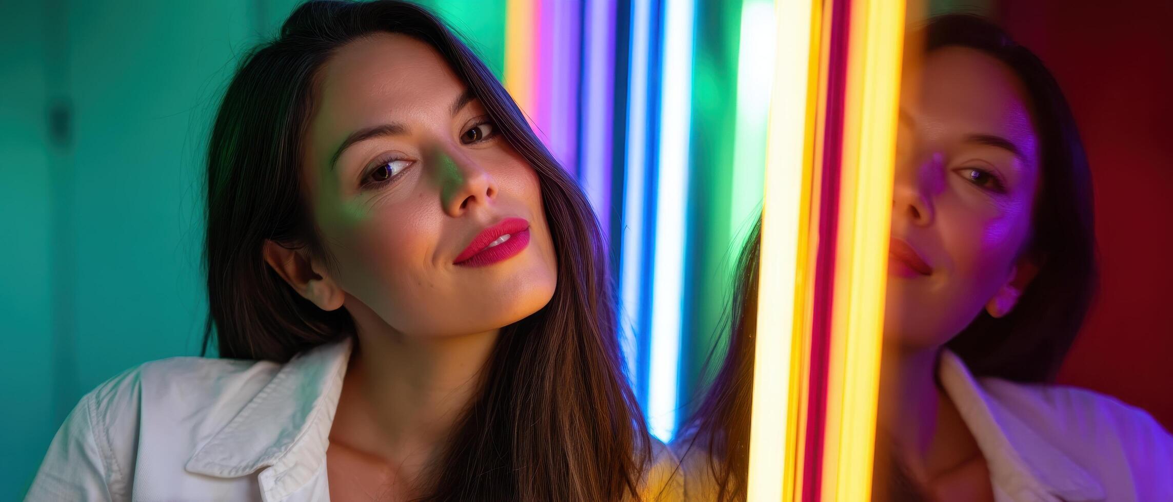 Woman Posing with Colorful Neon Lights Background Creative Photography Studio Environment Copyspace photo