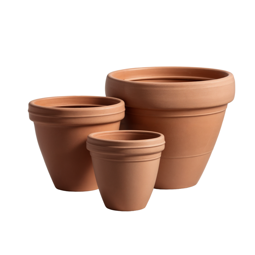Three brown clay flower pots of different sizes and diameters png