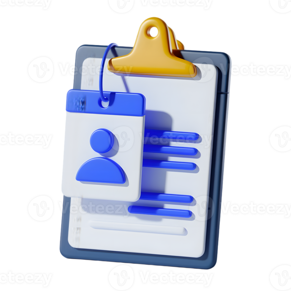 3D rendering of a stylized clipboard with a digital employee ID badge and form. png