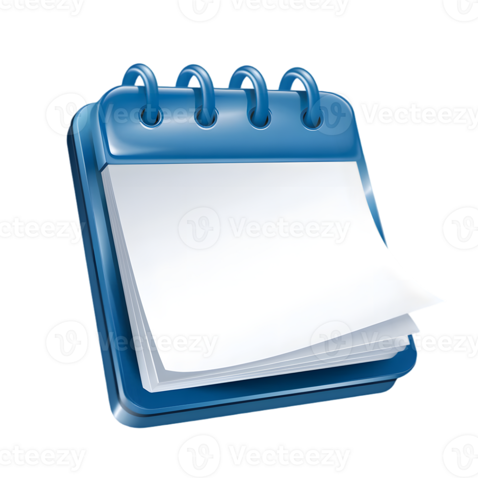 A 3D rendering of a blank, blue, spiral-bound calendar icon. png