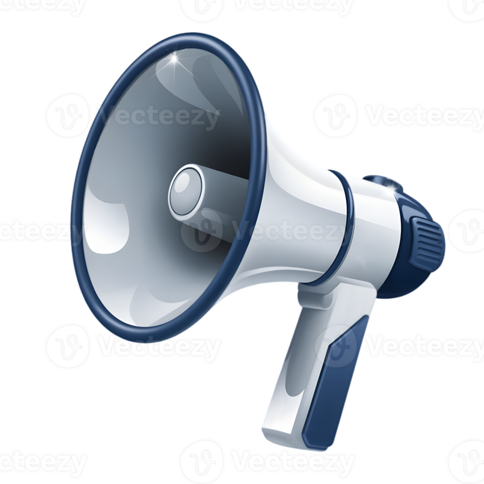 A high-quality, 3D rendered image of a white and navy blue megaphone png