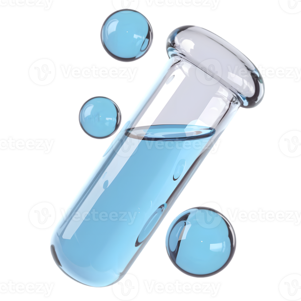 A 3D render of a clear test tube filled with light blue liquid png