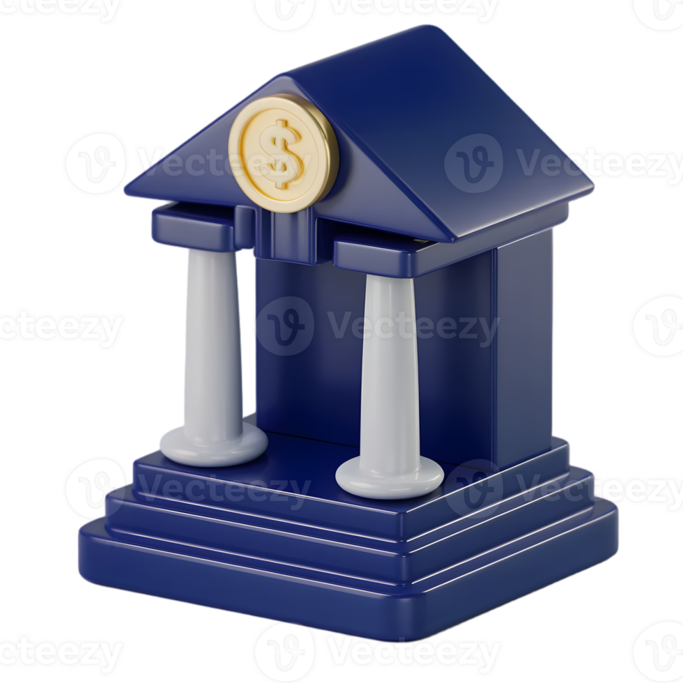 A stylized, 3D rendered icon of a bank building. png