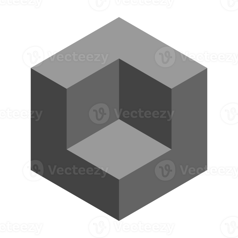 three dimensional geometric shape with cube like appearance, featuring shades of gray and minimalist design. This abstract representation evokes png
