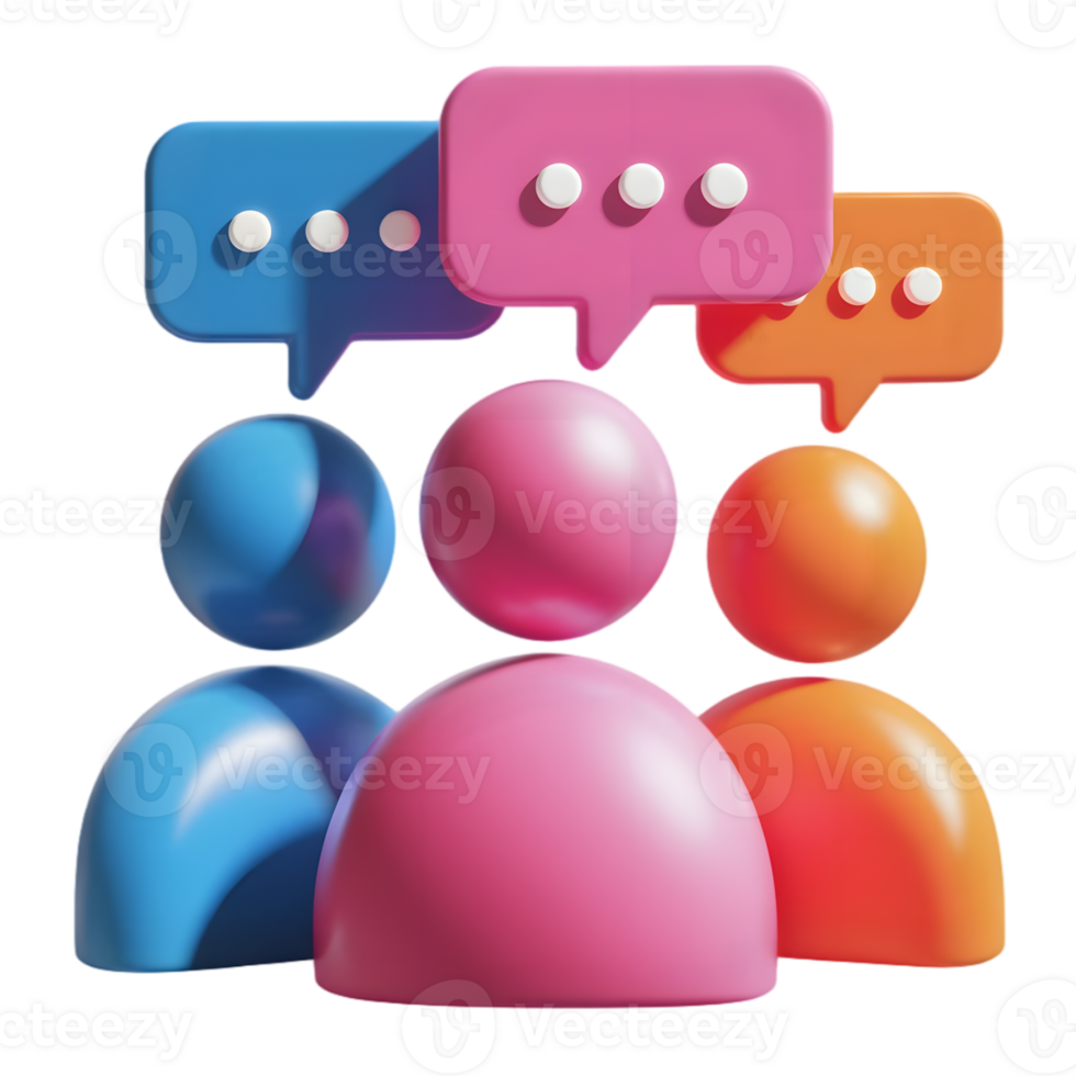 Vibrant 3D model of three stylized people icons, each with a speech bubble above their heads. png