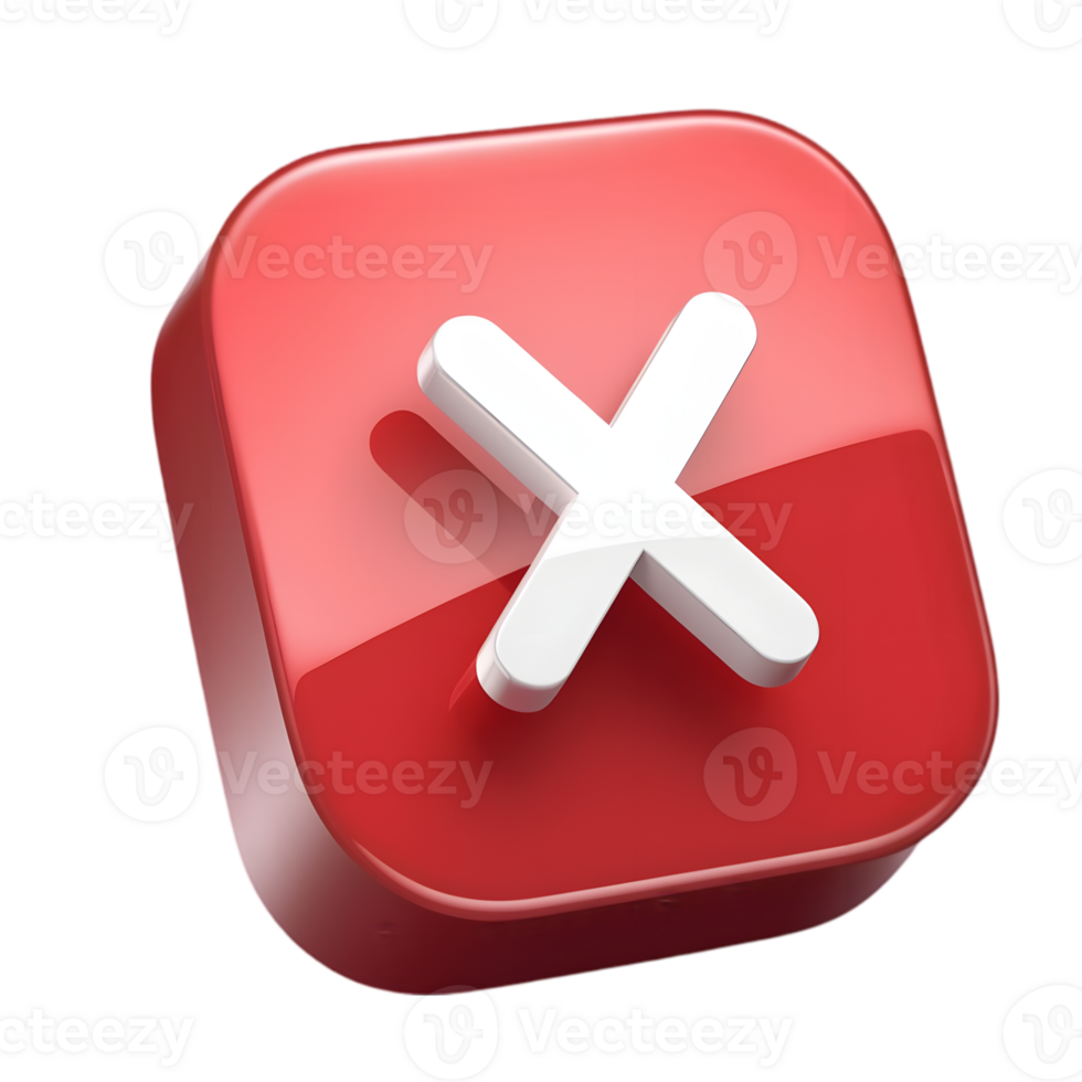 High-resolution close-up of a glossy, red reject button icon with a white X symbol. png