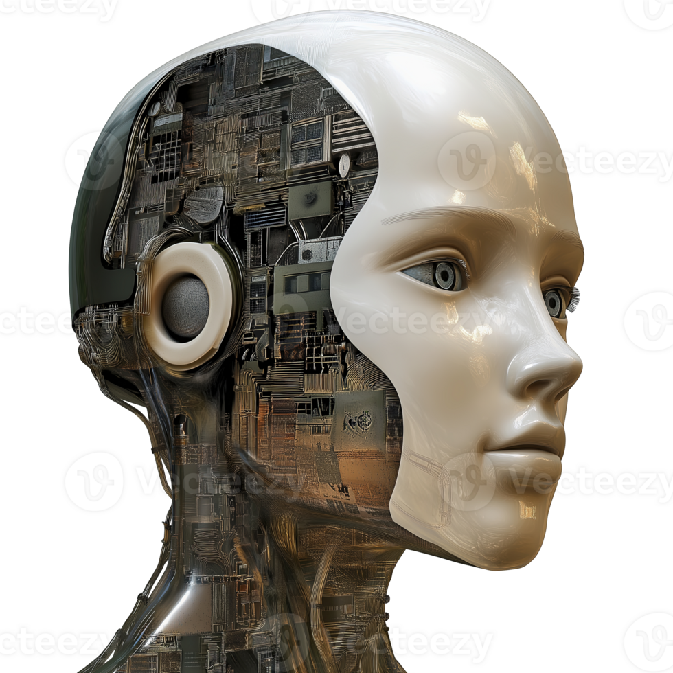 A futuristic humanoid robot with intricate circuitry and technology visible beneath its surface, showcasing advanced machine learning capabilities png