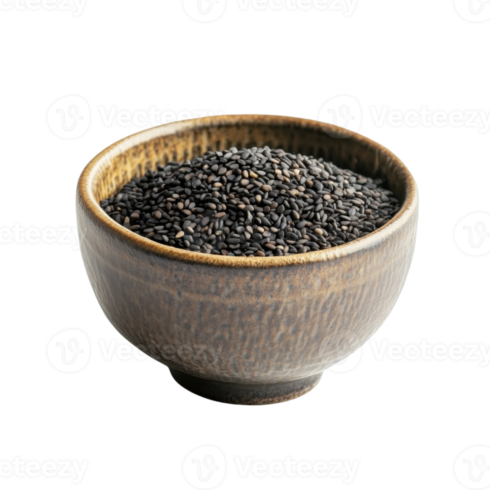 Black sesame seeds in a textured ceramic bowl png