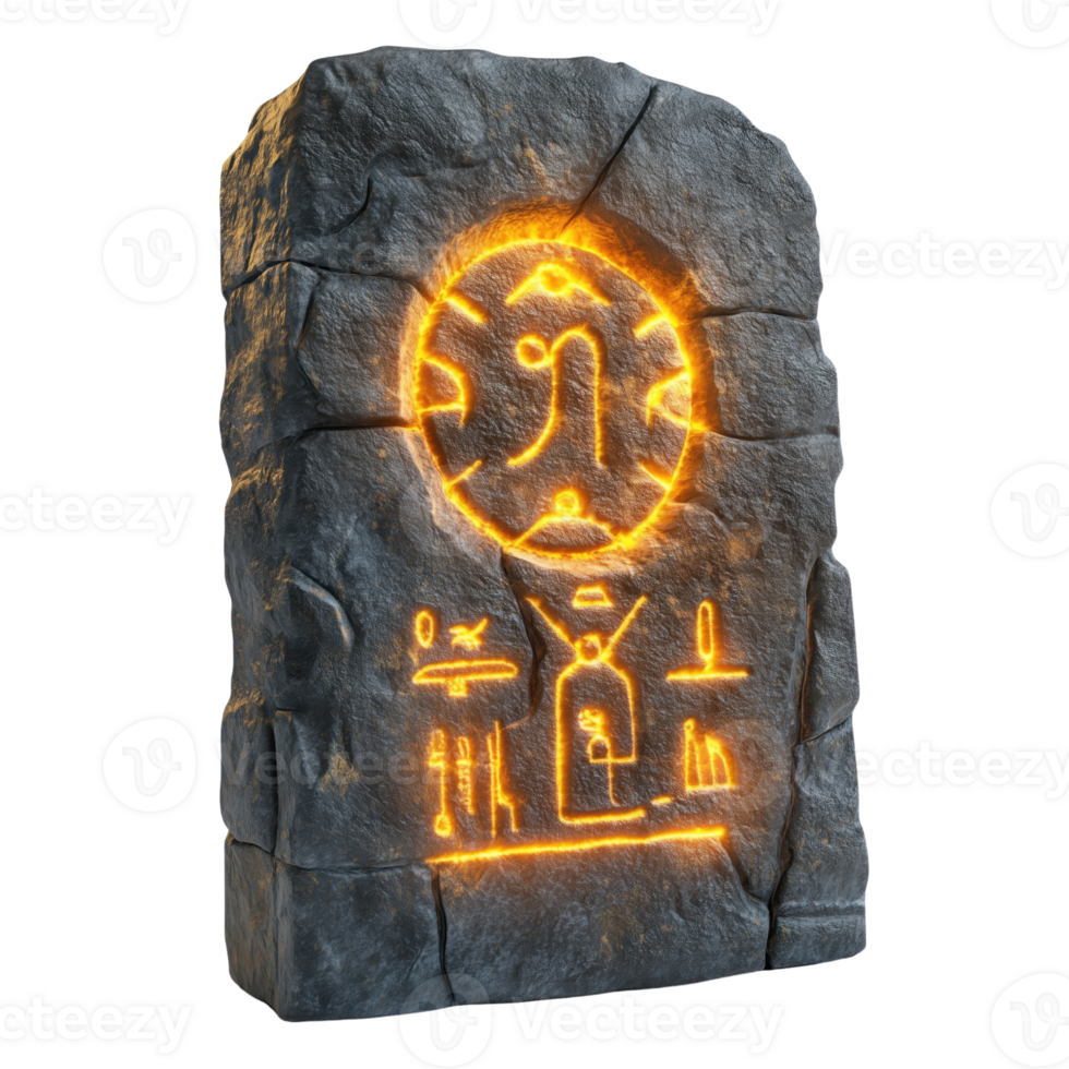 Ancient Stone Tablet with Glowing Symbols and Hieroglyphs png