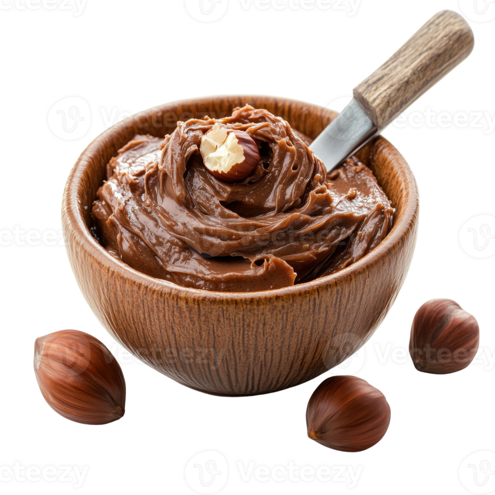 Creamy Chocolate Hazelnut Spread in Rustic Wooden Bowl with Nuts png