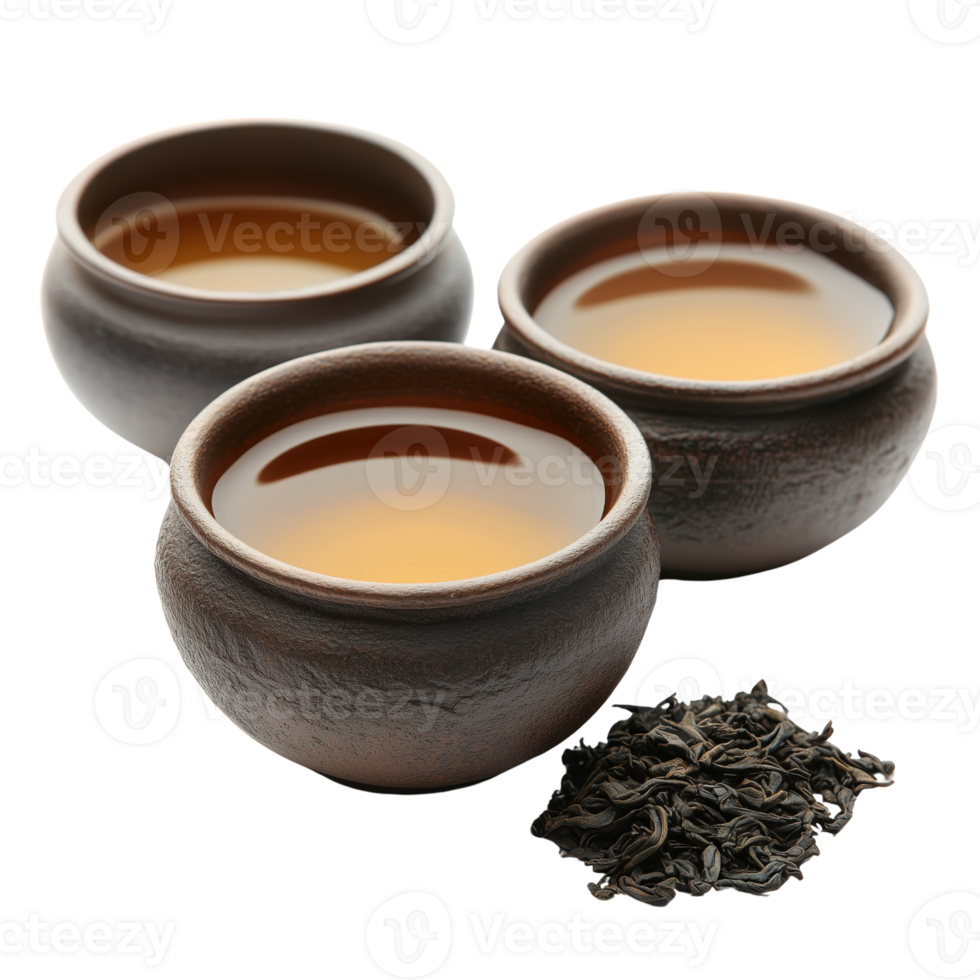 Three Traditional Ceramic Cups with Brewed Tea png