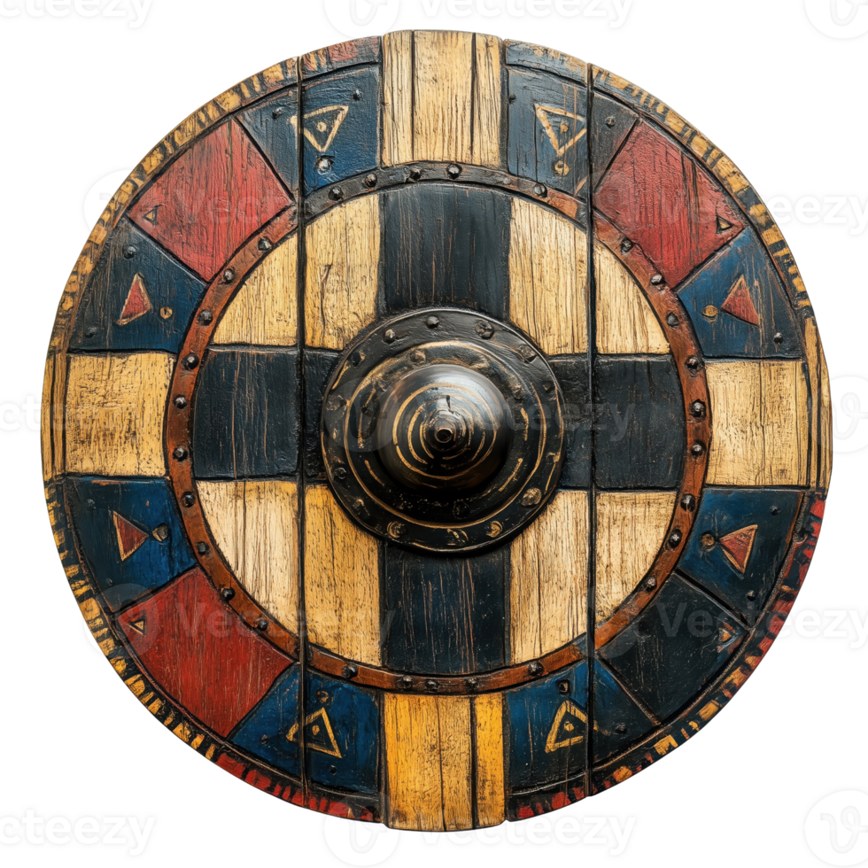 Handcrafted Wooden Shield with Colorful Geometric Designs png