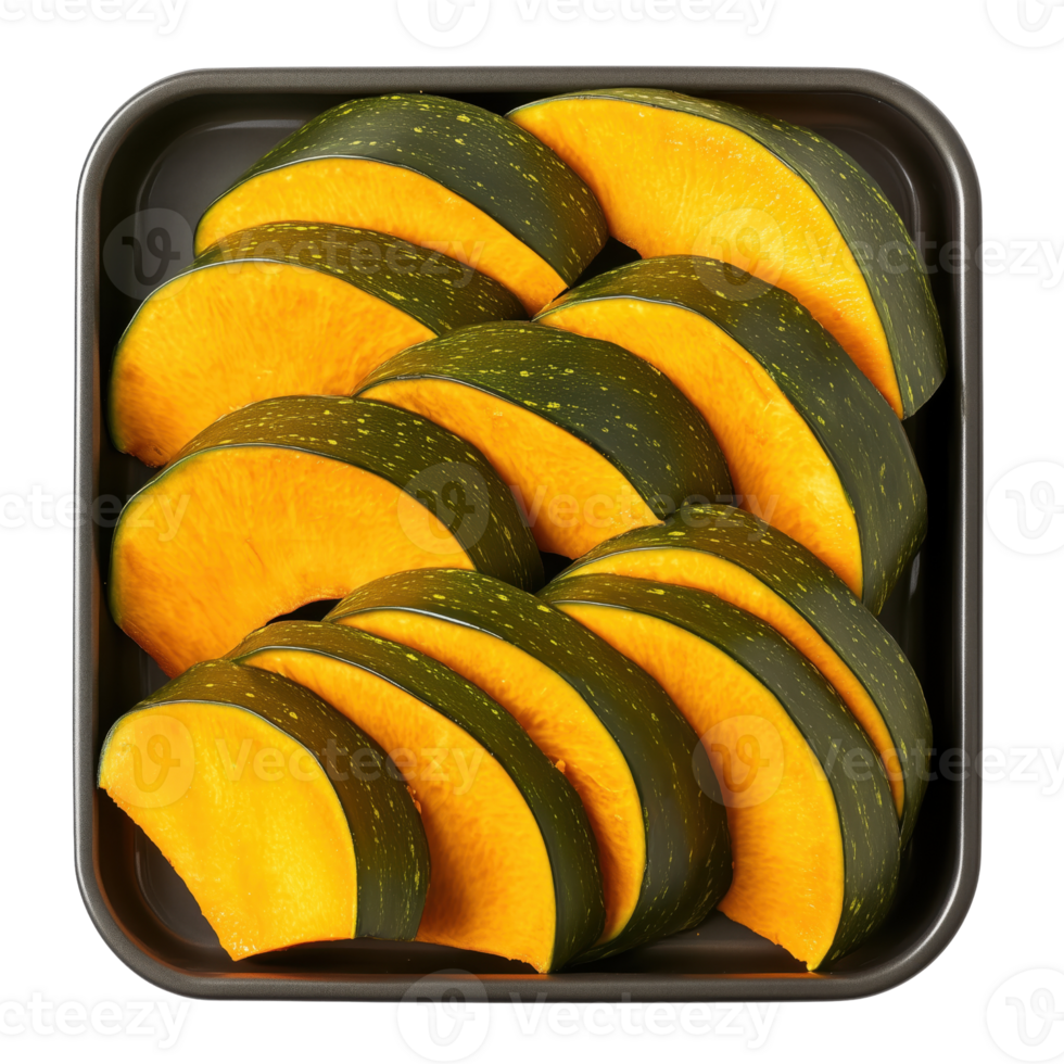 Freshly Cut Slices of Yellow Pumpkin Arranged in a Black Tray png