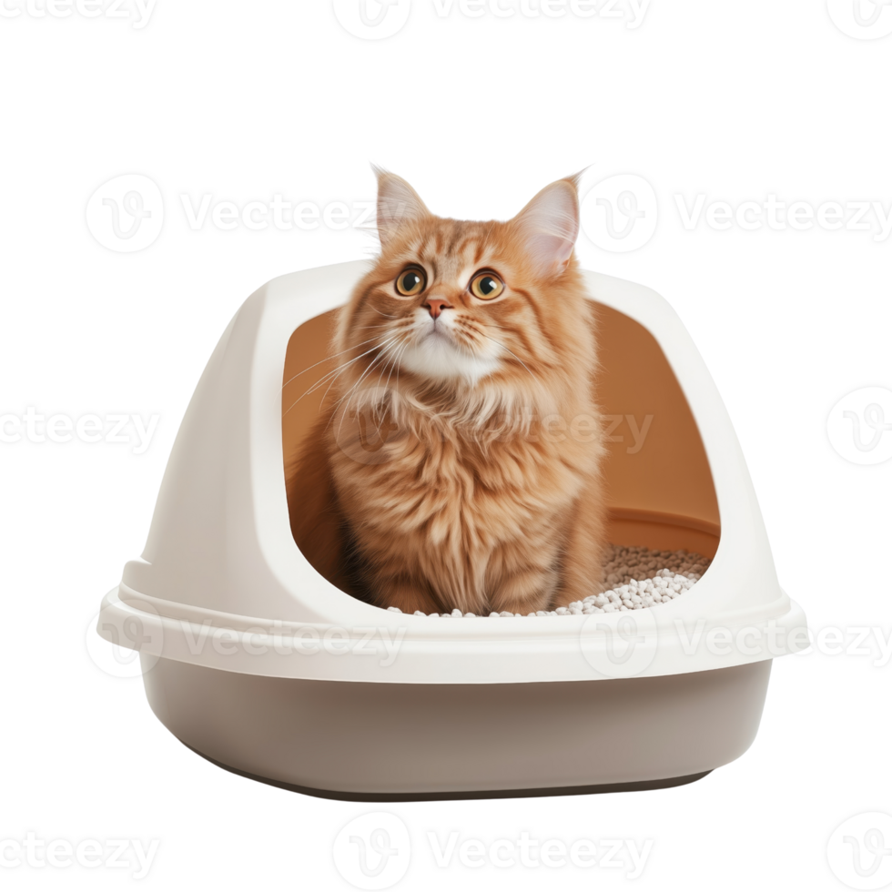 Orange Cat Inside Litter Box Looking Curious and Content png