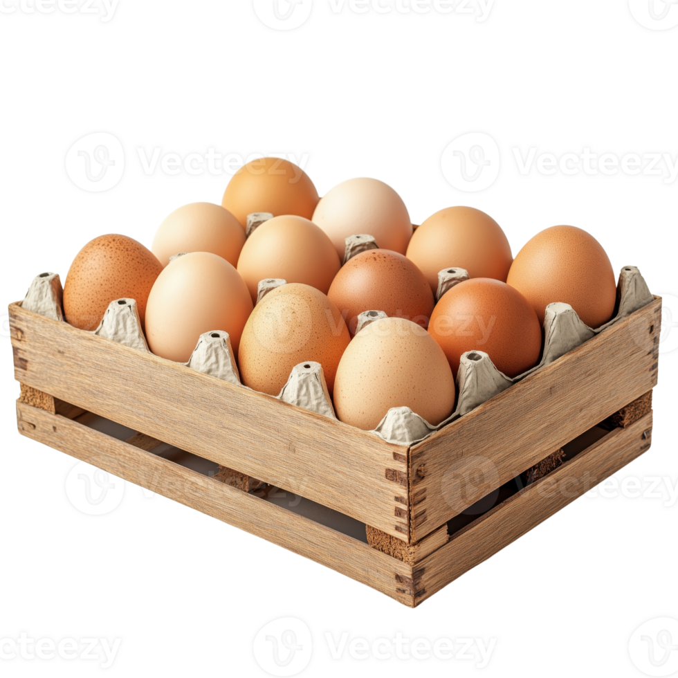 Fresh Brown and White Eggs in Wooden Crate for Farm or Kitchen Use png