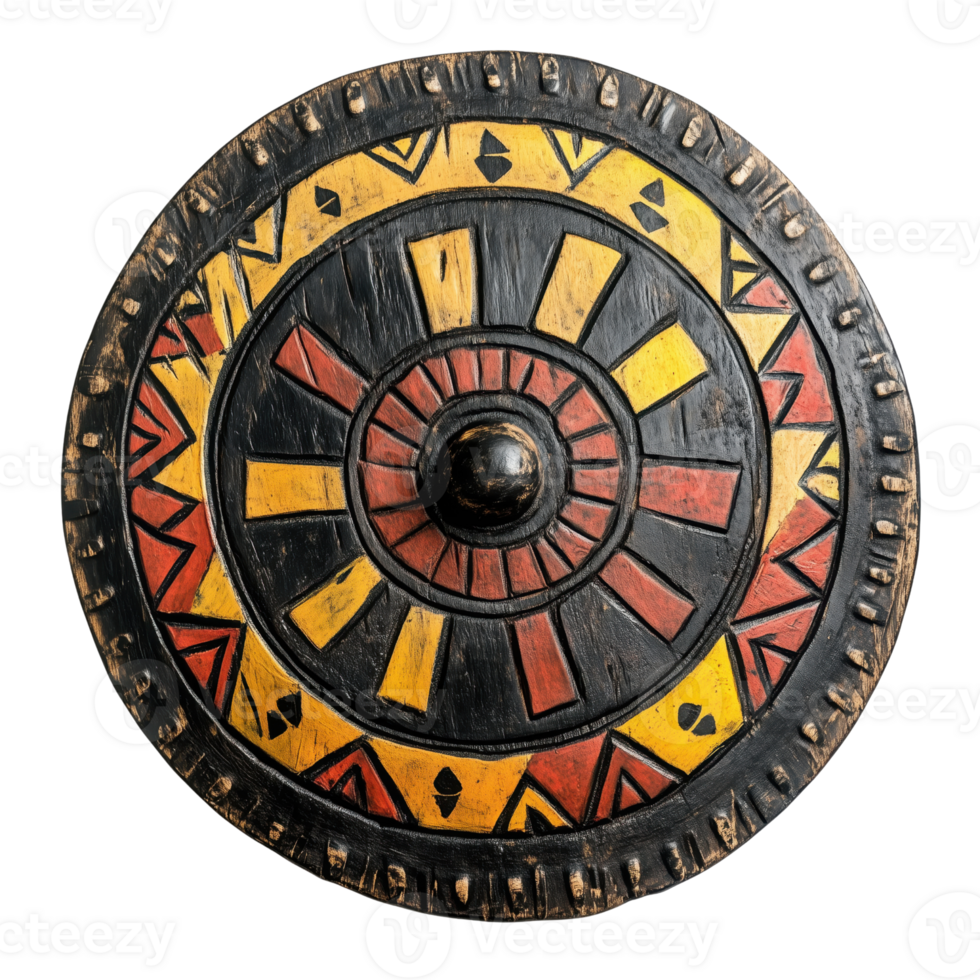 Traditional Tribal Shield with Vibrant Patterns and Colors png
