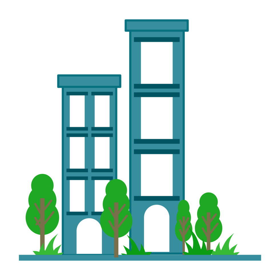 city building icon, green trees and buildings, flat style png