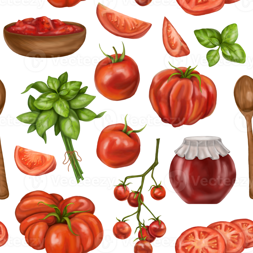 A seamless pattern with juicy red tomatoes, wooden plates with sauces. A healthy diet of vegetables and ingredients. Floral background for packaging and textiles. Digital isolated illustration png