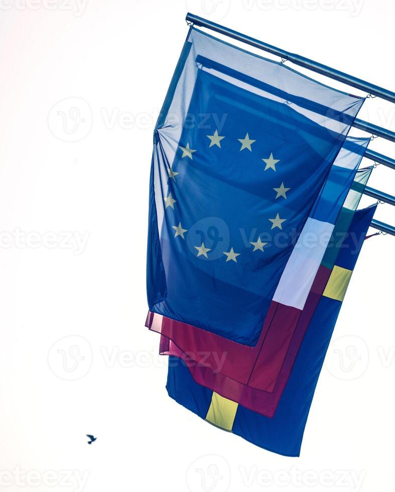 Peace dove and European Union flag and national flags of member states displaying unity photo