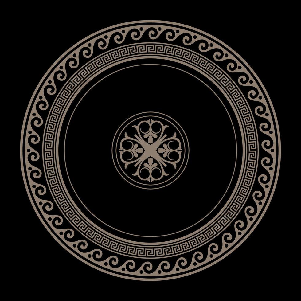 Patterns of Greece, ancient Rome. Round gold classic frame with pattern in center. Greek meander. Circle european border. Round gold antique border. Classic egyptian, assyrian, greek motives vector