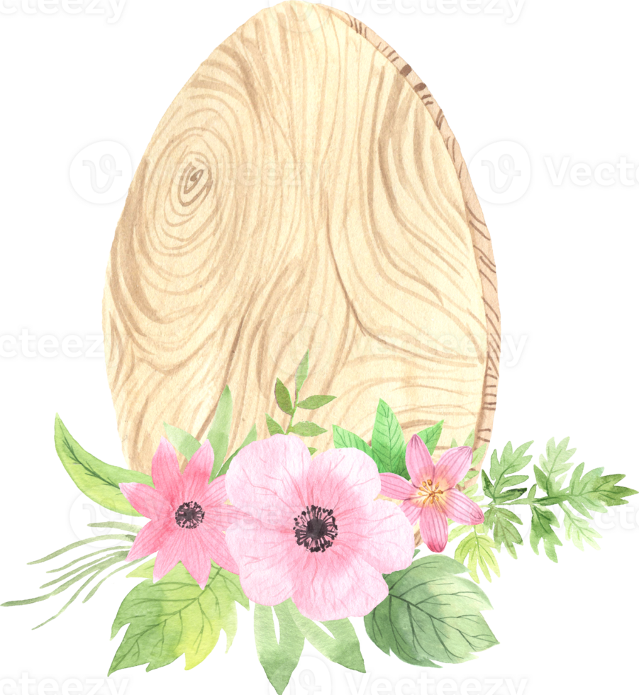 Watercolor easter composition with pastel flowers and decorative wood element png