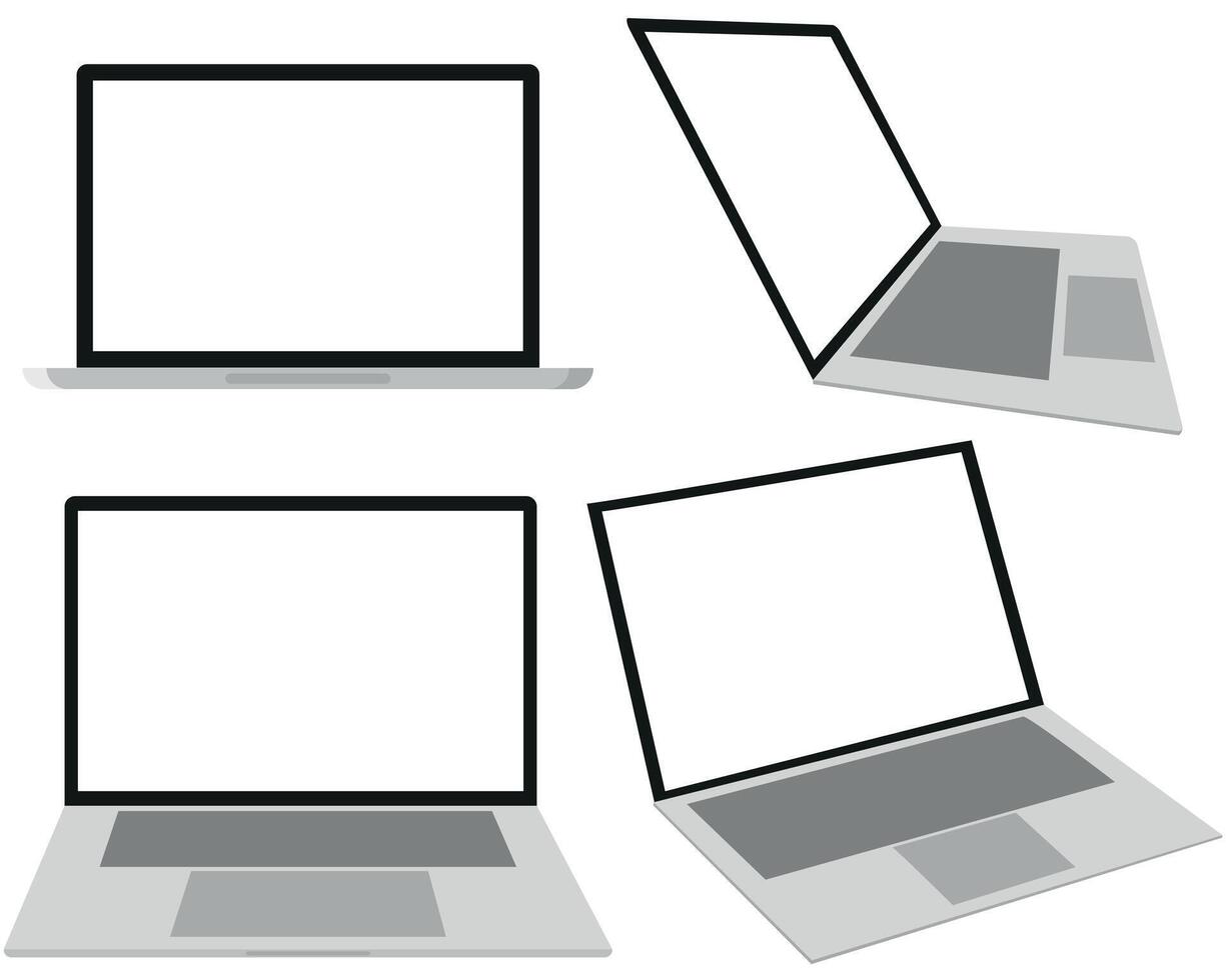 Laptop or notebook computer at various angles, technology design element vector