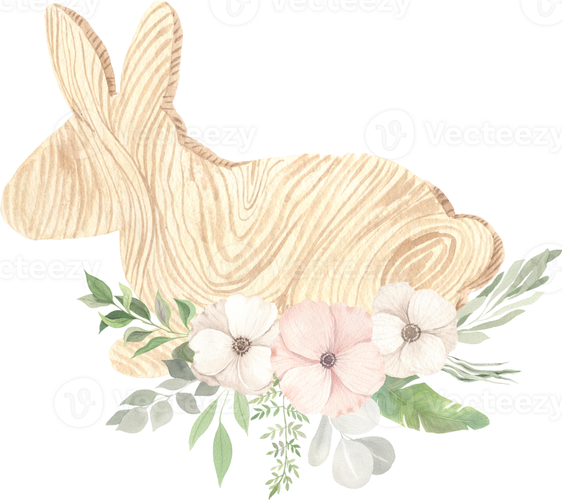 Watercolor easter bunny with flowers and decorative wood element png