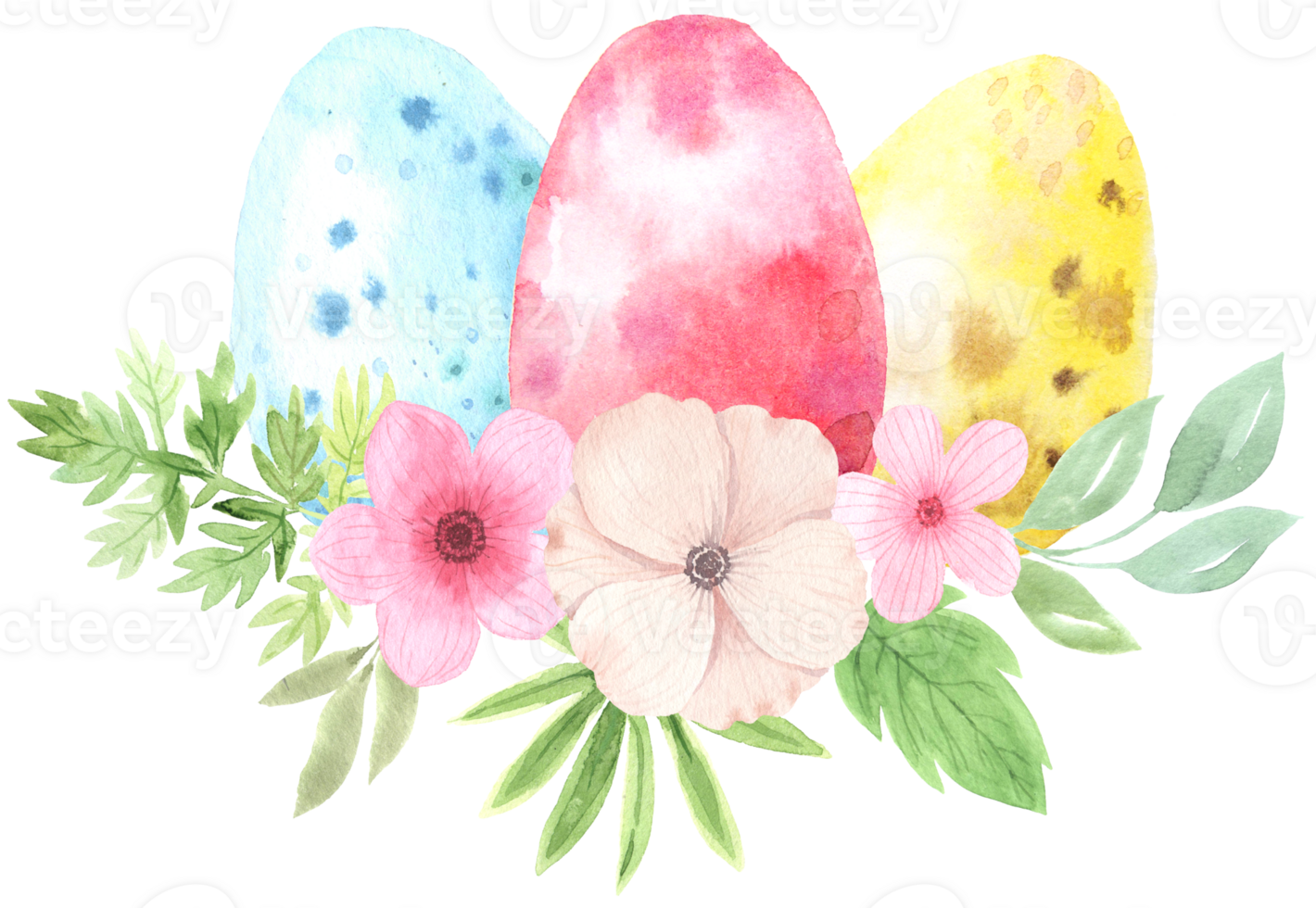 Watercolor easter composition with eggs, flowers and decorative elements png