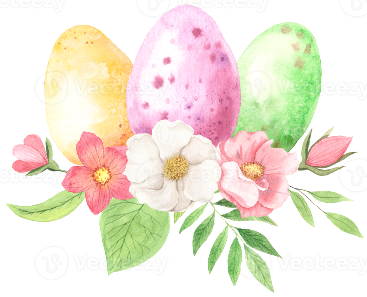 Watercolor easter eggs with flowers and decorative elements png