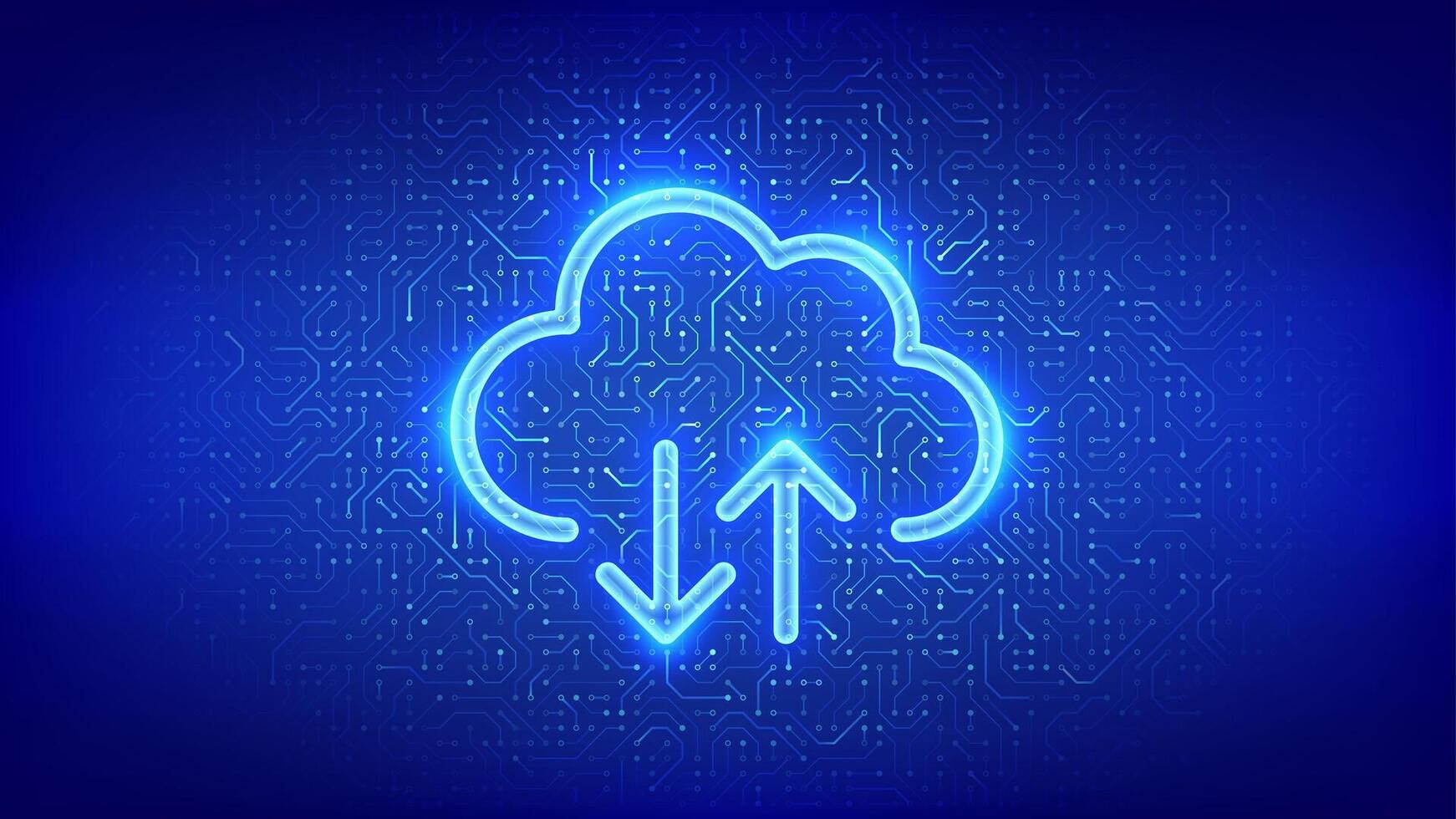 Cloud icon. Cloud computing service. Database storage, Data center. Transfer data. Secure Cloud Storage. Upload download app. Circuit board pattern. PCB printed circuit texture. illustration. vector