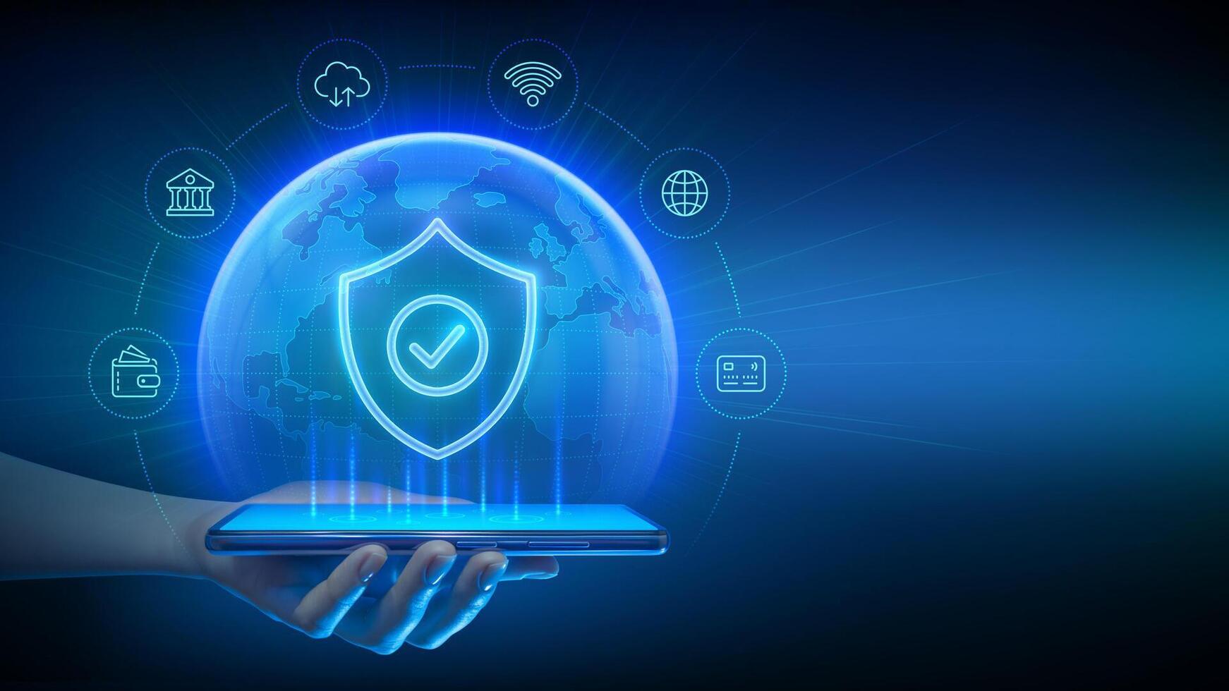 Cyber security and protection smartphone. Protection shield with Check mark icon. Secure internet connection, vpn, encryption. Personal data protection. Earth planet globe. Smartphone in hand. vector