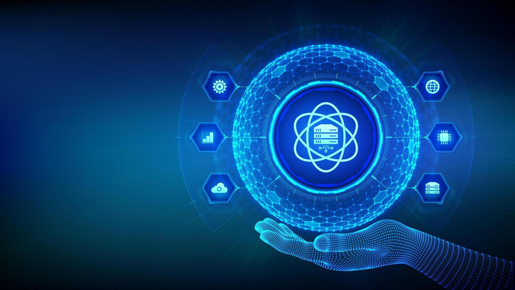 Data Science. Deep learning. Artificial intelligence, Analysis. Big data. Machine learning. 3D sphere globe with surface of hexagons with Computer science icon in wireframe hand. illustration. vector