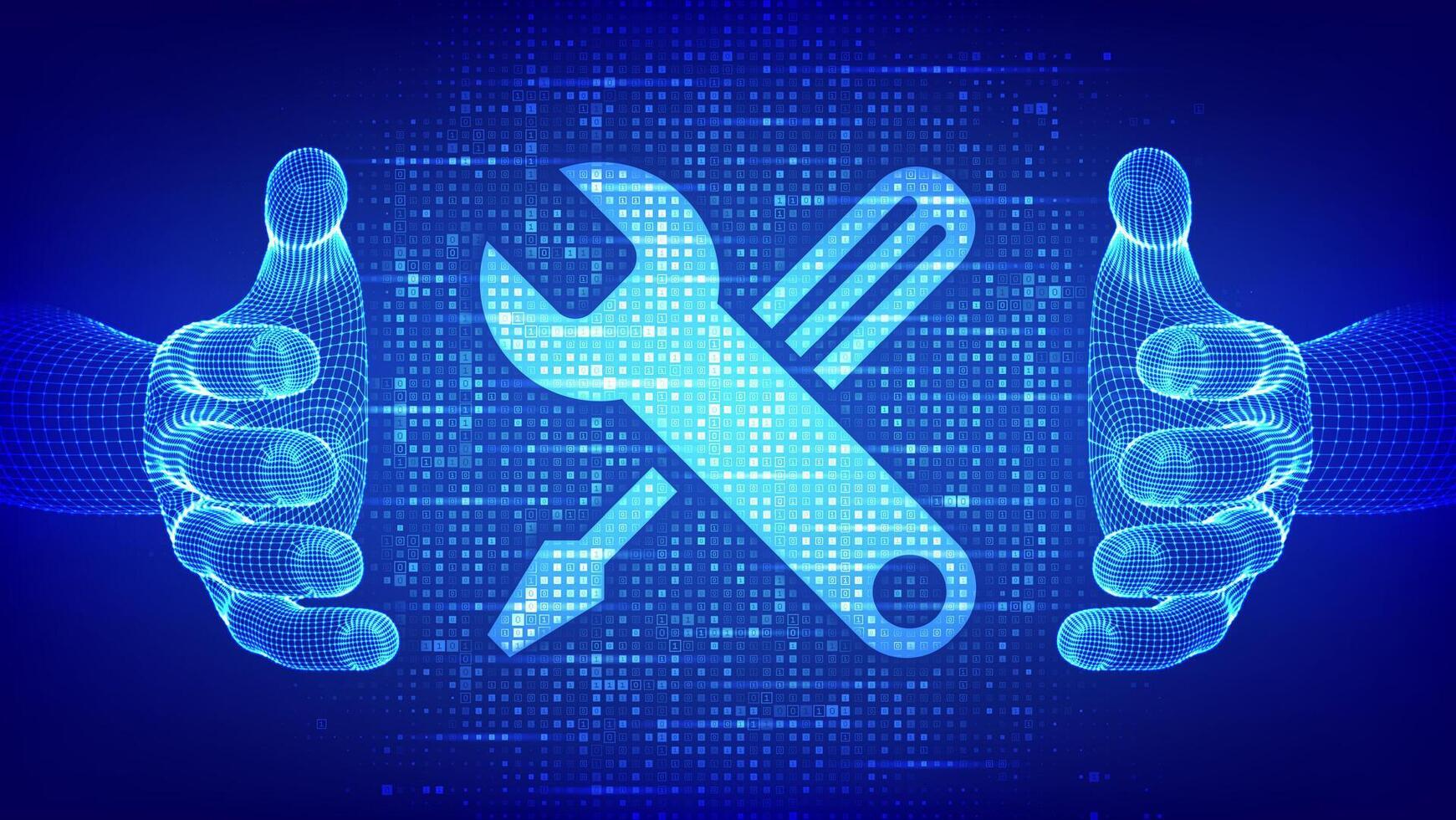 Technical support icon made with binary code in wireframe hands. Customer help. Online tech support. Customer service technology concept. Digital matrix background with digits 1.0. Illustration vector
