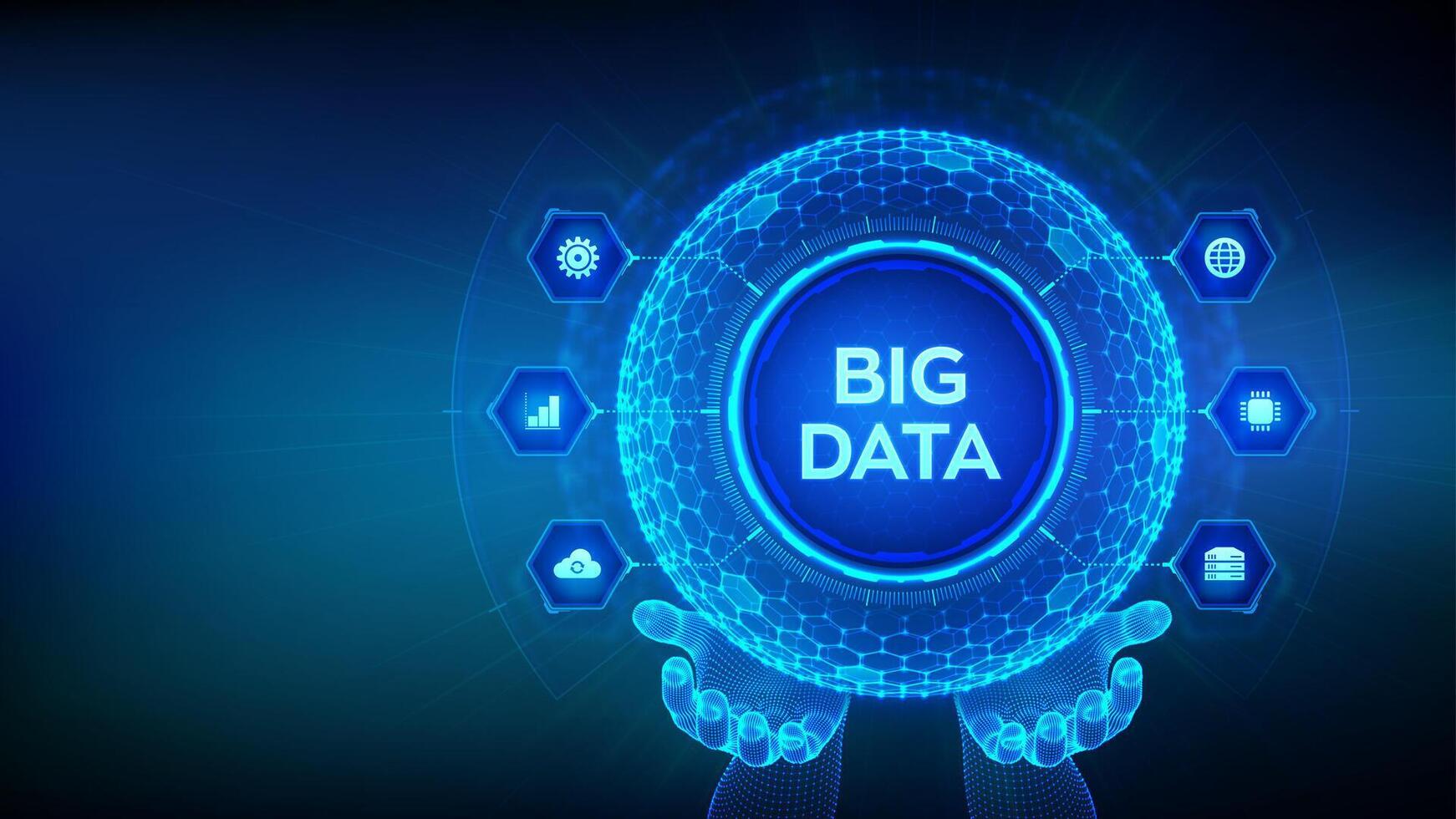 Big data analytics. Big data innovation technology concept. Blockchain network analysis. Artificial intelligence. Hexagonal grid sphere in wireframe hands on blue background. illustration. vector