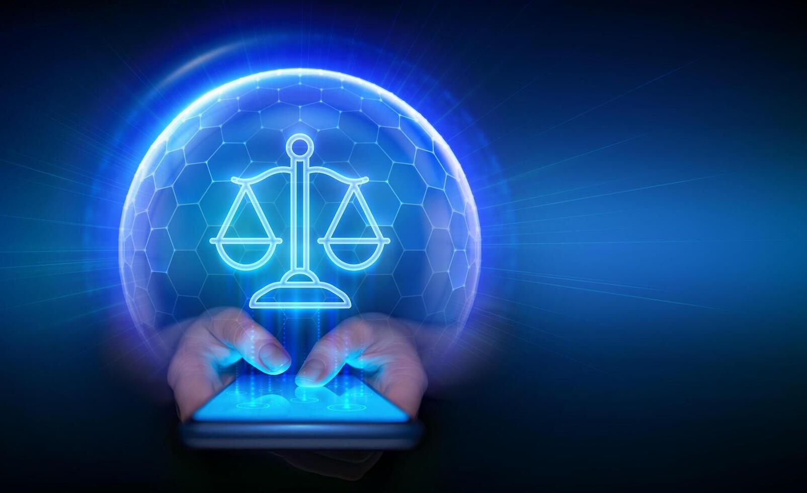 Legal advice via a smartphone app. Attorney at law. Justice icon inside transparent protection sphere shield with hexagon pattern. Internet law as digital online legal services. Illustration. vector