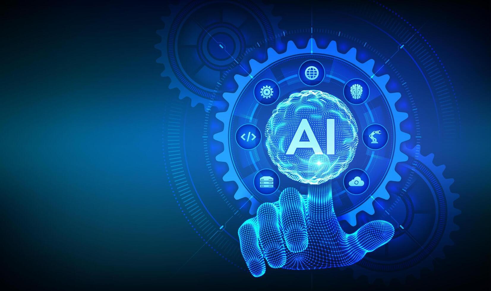 AI. Artificial Intelligence. Machine Learning Concept. Big data. Neural networks. Sphere grid wave. Wireframe hand touching digital interface with connected gears cogs and icons, vector