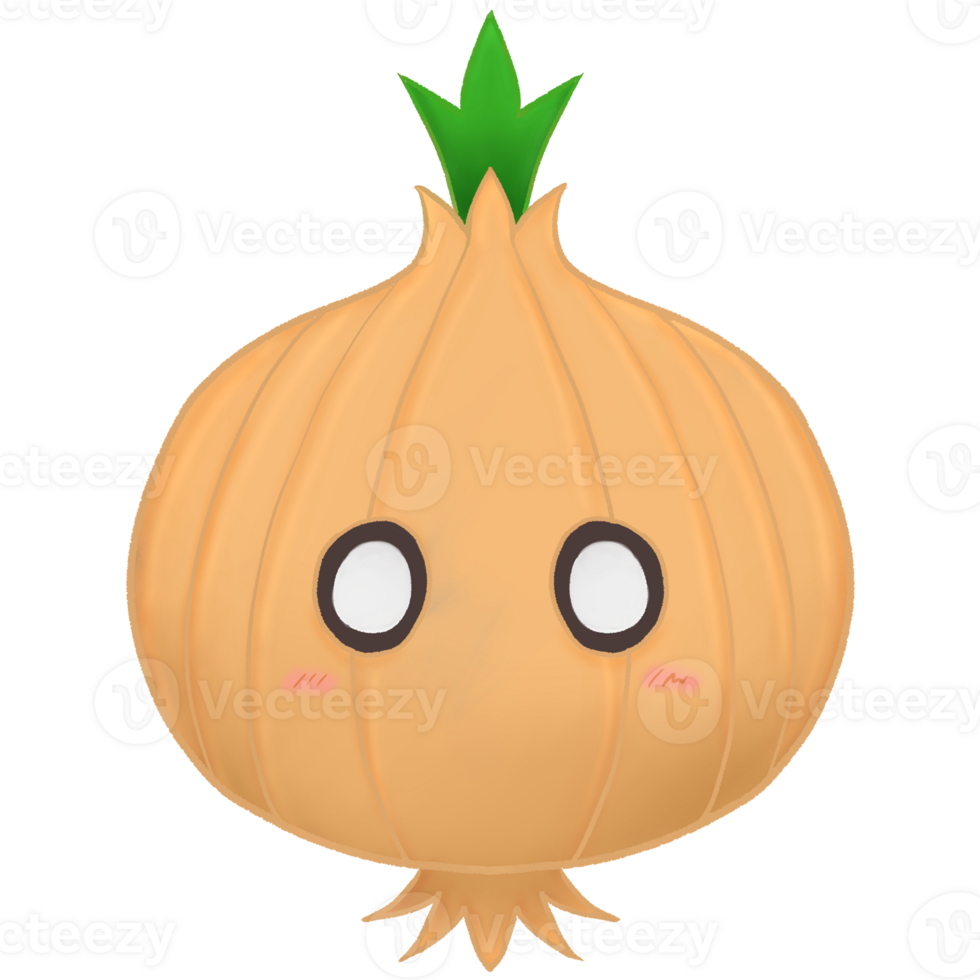 an onion with eyes and a green leaf on it png