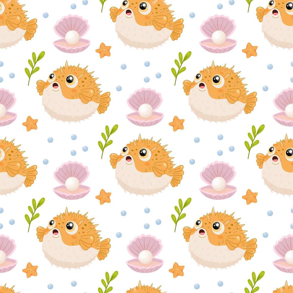pufferfish pattern cute ocean sea seamless background marine cartoon animal shell vector