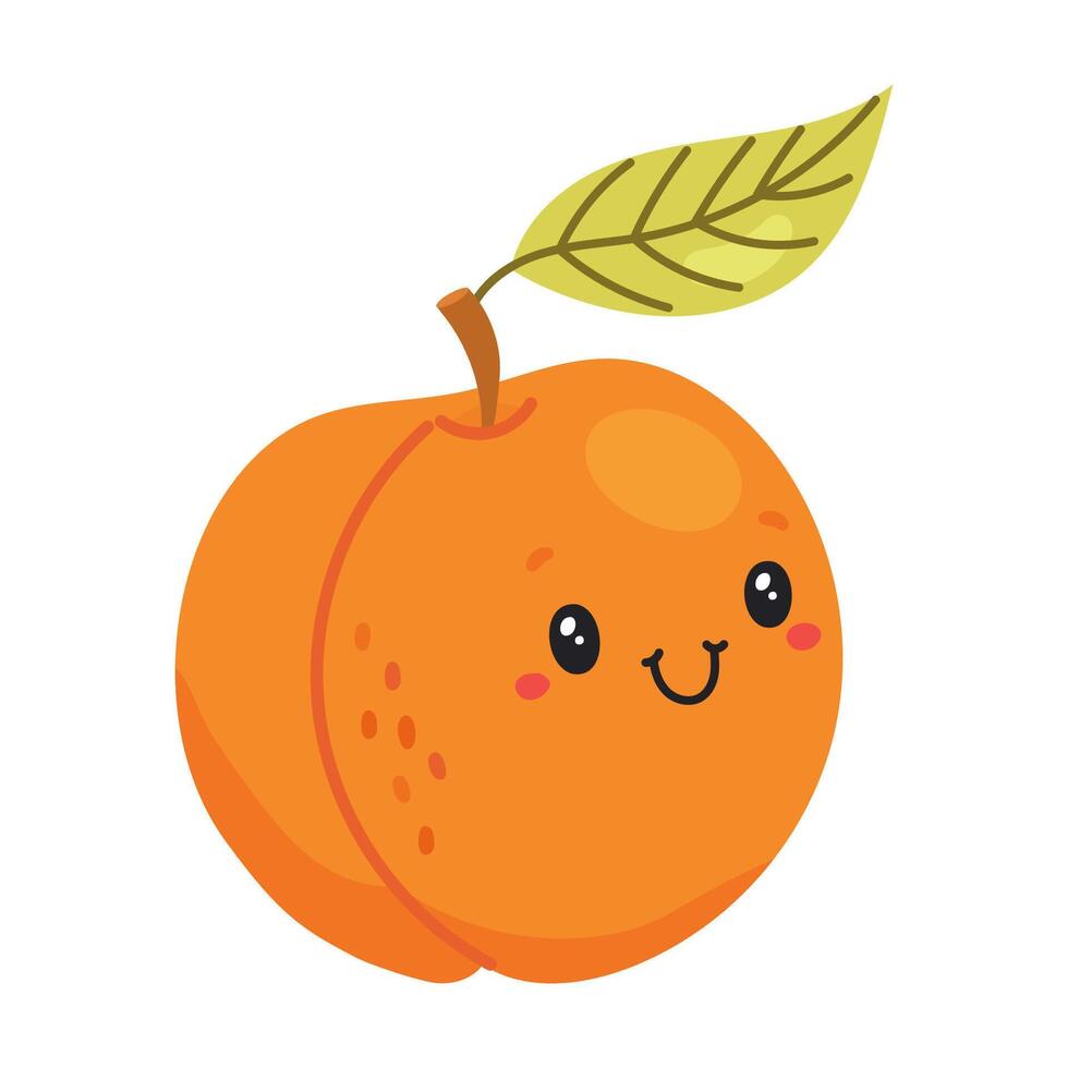 Cute cartoon apricot with happy smiling face and green leaf vector
