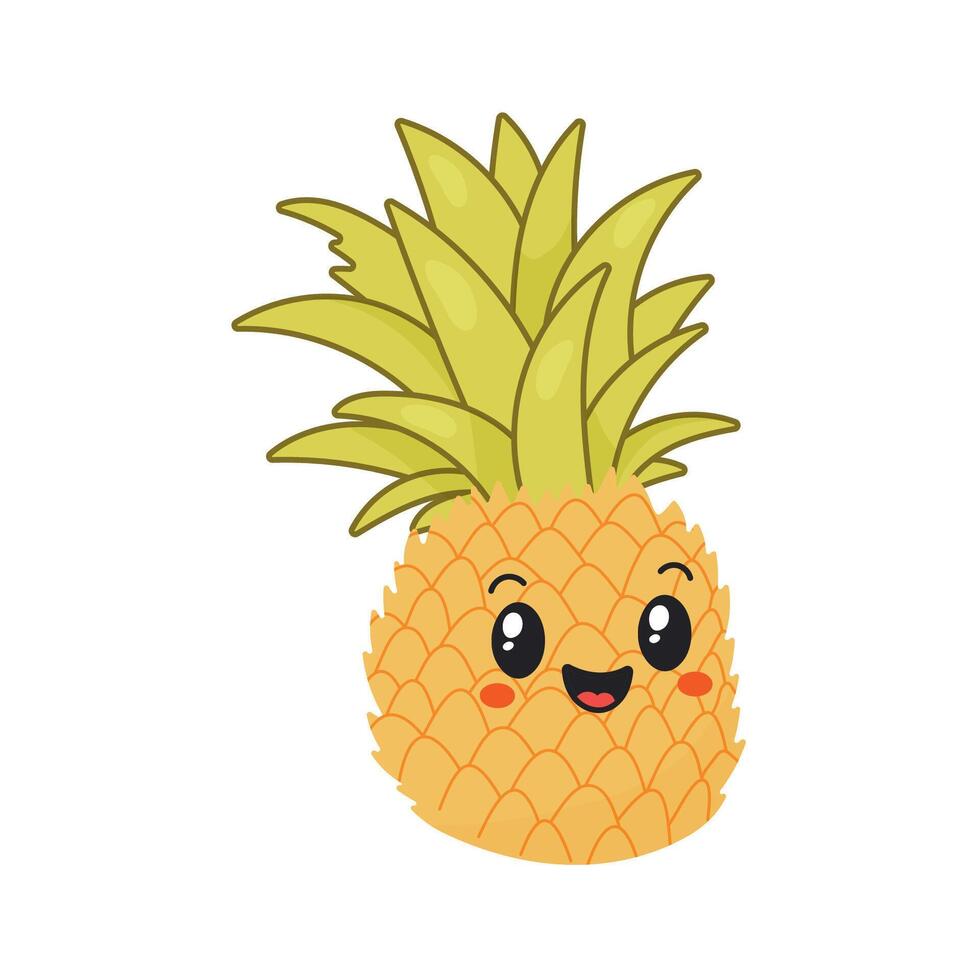 Happy cartoon pineapple character with green leaves and smiling face vector